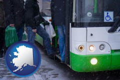 alaska map icon and commuters boarding a city bus