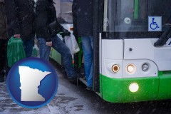 minnesota map icon and commuters boarding a city bus