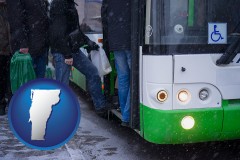 vermont map icon and commuters boarding a city bus