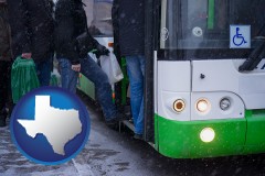 texas map icon and commuters boarding a city bus