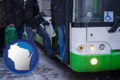 wisconsin map icon and commuters boarding a city bus