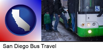 commuters boarding a city bus in San Diego, CA