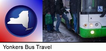 commuters boarding a city bus in Yonkers, NY